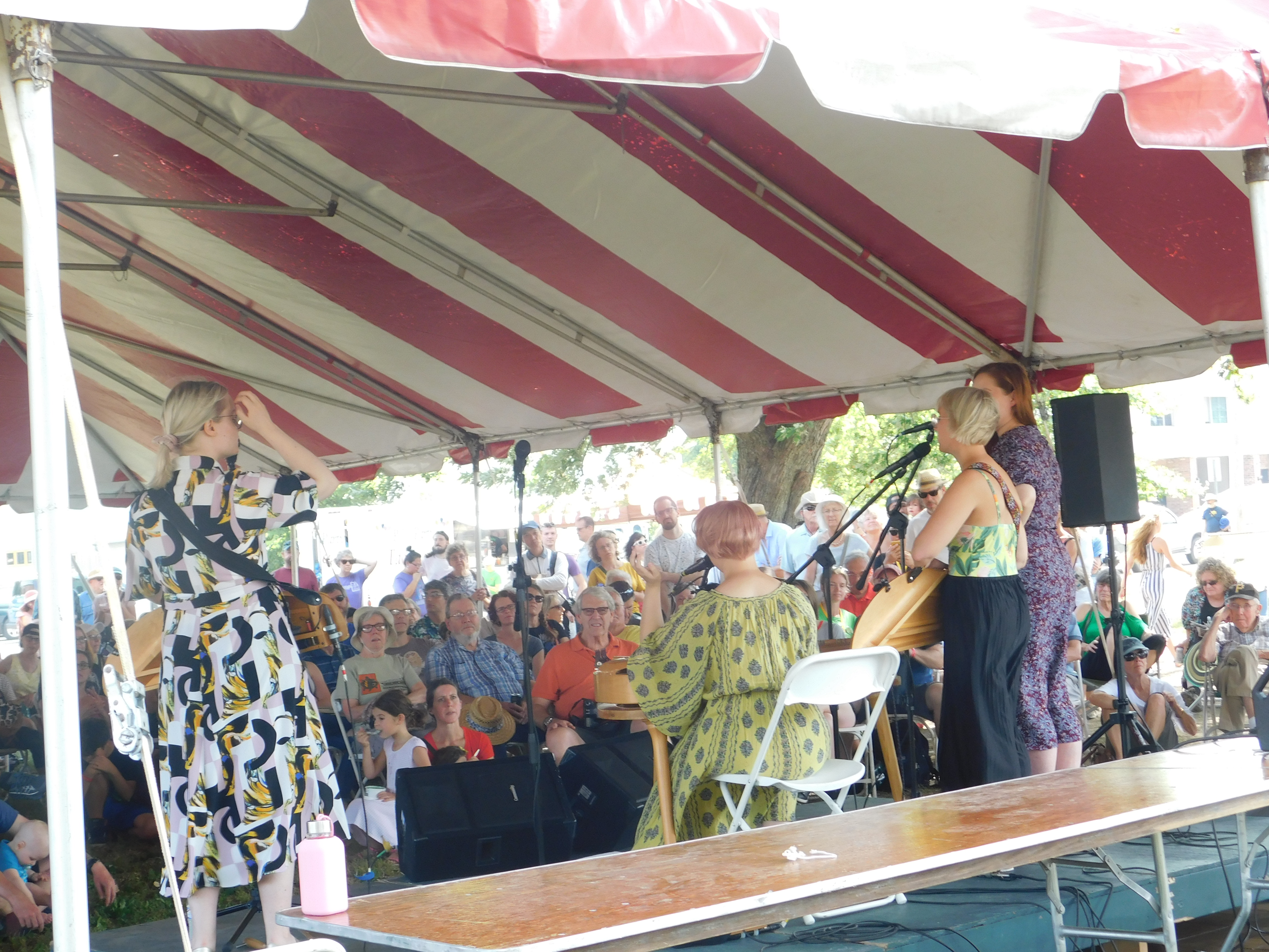 People under tent watching musician perform