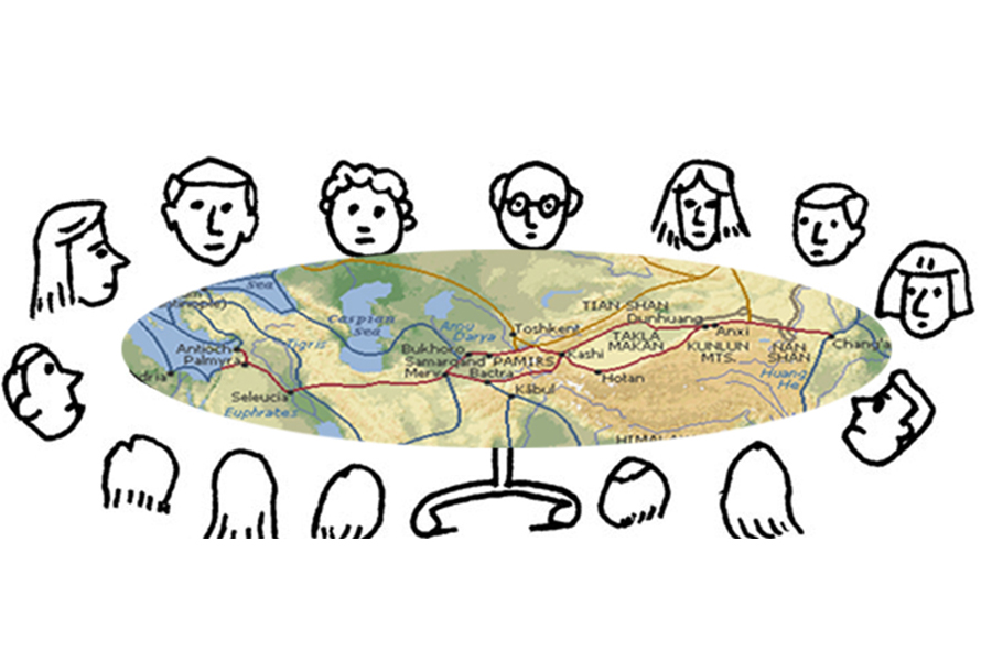 Faces are arranged around a table covered by a map of Central Eurasia.