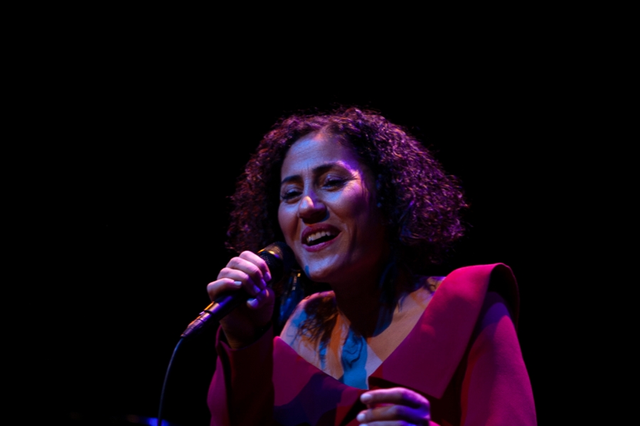Aynur Dogan sings during the performance and smiles.
